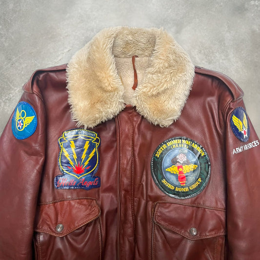 1960s Schott Hells Angels Bomber Crew Hand Painted Shearling Leather Bomber Jacket
