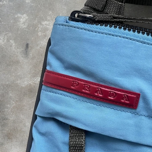 2000s Prada Sport Sky Blue Red Tab Technical Crossbody Bag