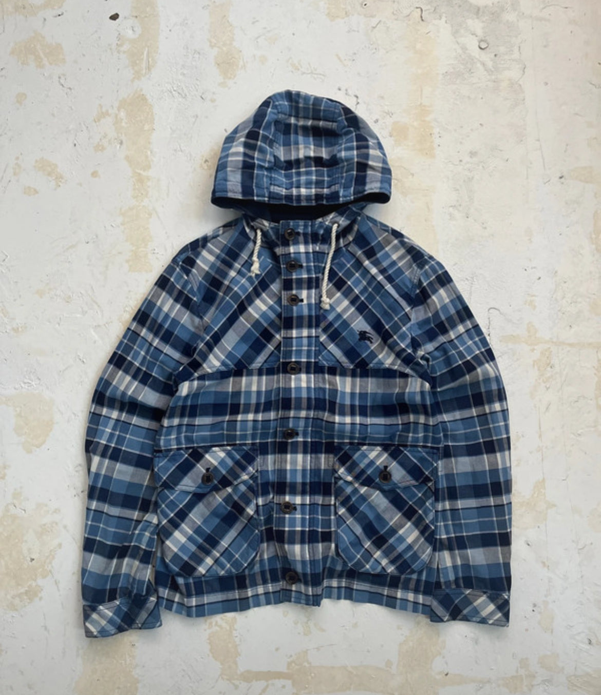 00s Burberry Black Label Plaid Blue Technical Panelled Cotton Jacket