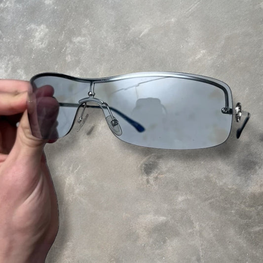 2000s Emporio Armani Silver/Blue Wraparound Frame Sunglasses