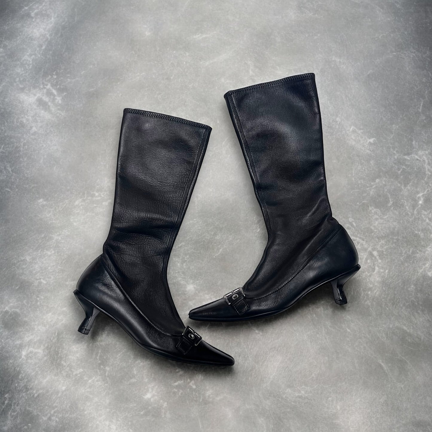 2000s Prada Kitten Heel Buckle Calf Boot