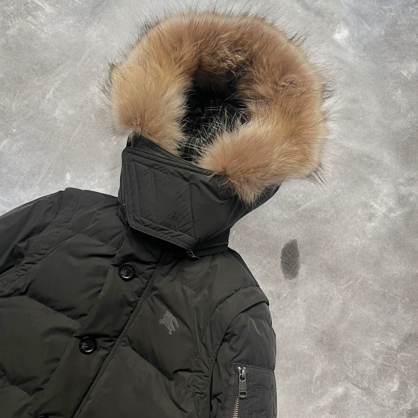 2000s Burberry Black Label Raccoon Fur Trim Technical 2-in-1 Hooded Puffer