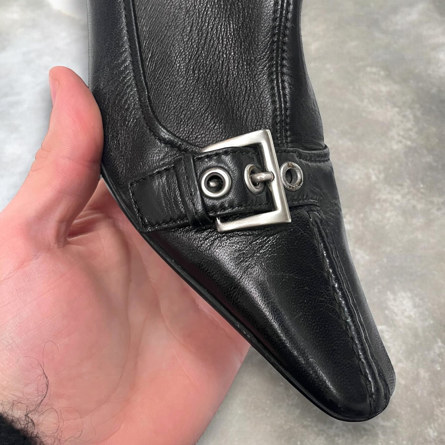 2000s Prada Kitten Heel Buckle Calf Boot