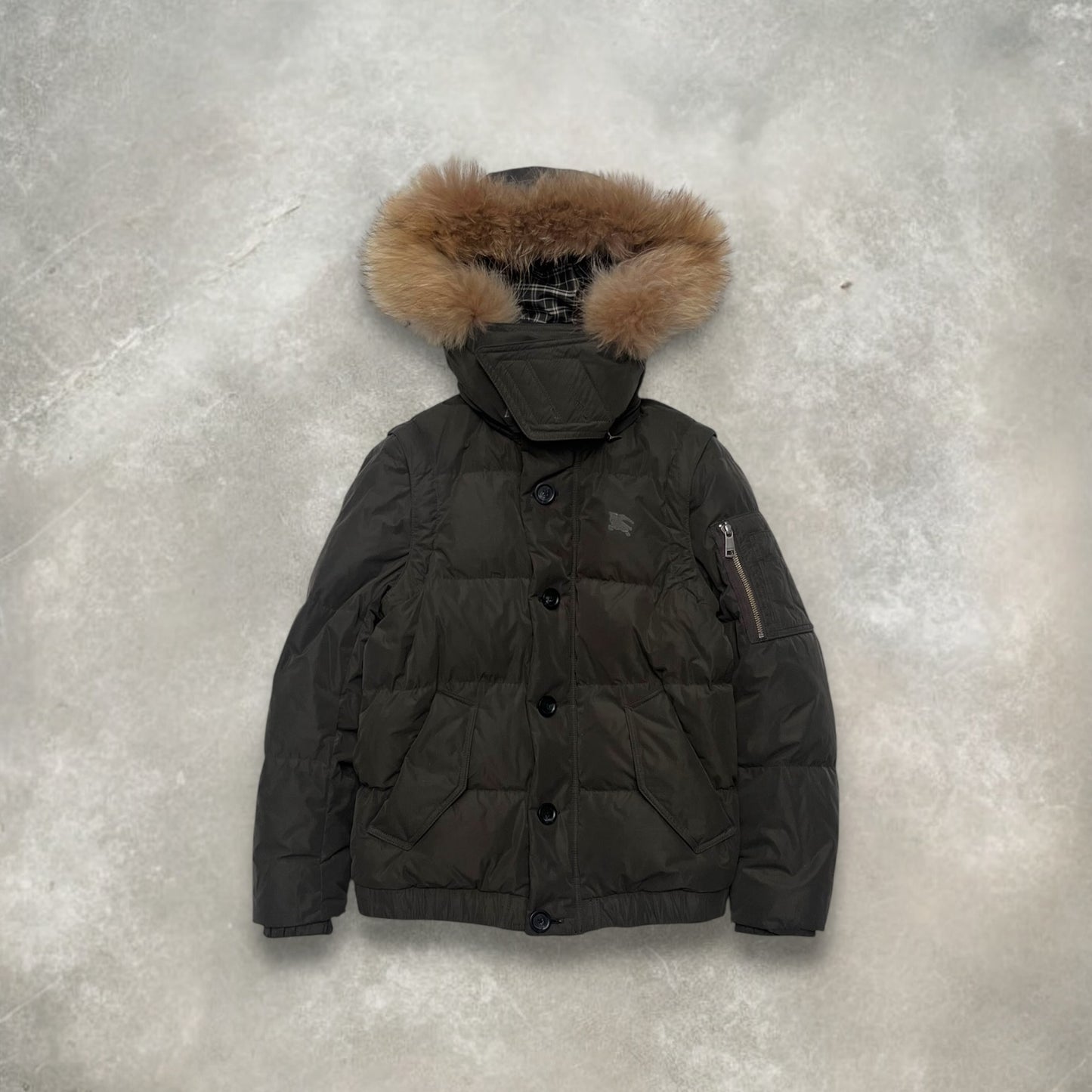 2000s Burberry Black Label Raccoon Fur Trim Technical 2-in-1 Hooded Puffer