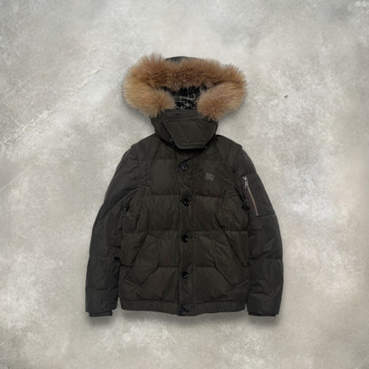 2000s Burberry Black Label Raccoon Fur Trim Technical 2-in-1 Hooded Puffer