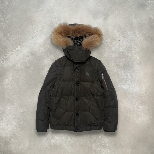 2000s Burberry Black Label Raccoon Fur Trim Technical 2-in-1 Hooded Puffer