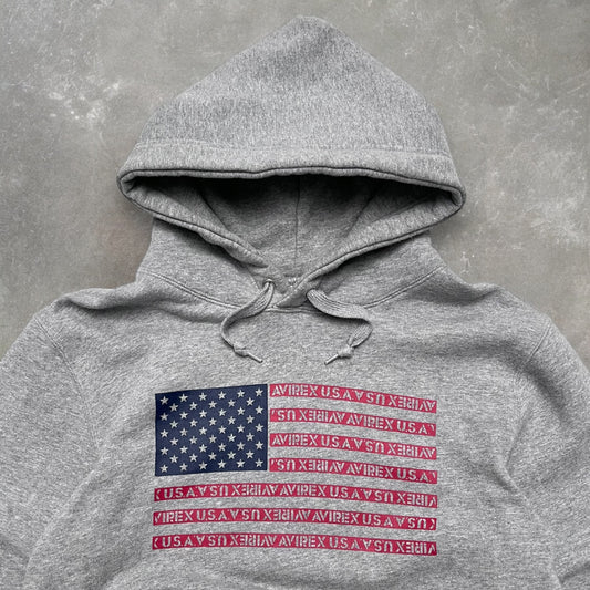 2000s Avirex US Flag Spellout Grey Graphic Hoodie